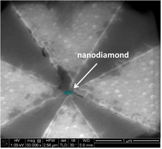 An SEM graph depicting a nanodiamond in the gap of a double-bowtie antenna.